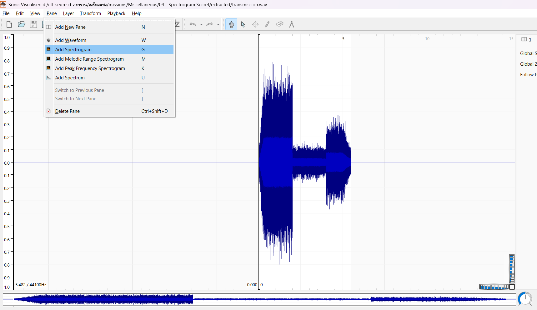 เพิ่ม spectrogram pane ใน Sonic Visualiser