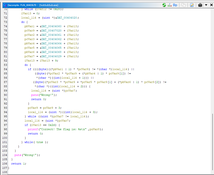 โค้ดที่ decompile ออกมาของฟังก์ชันตรวจ flag หลัก