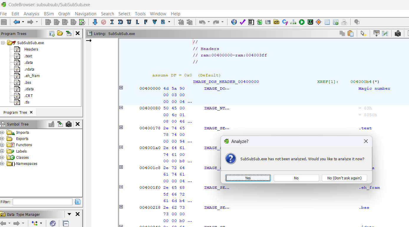 Ghidra ถามว่าจะ analyze ไฟล์หรือไม่