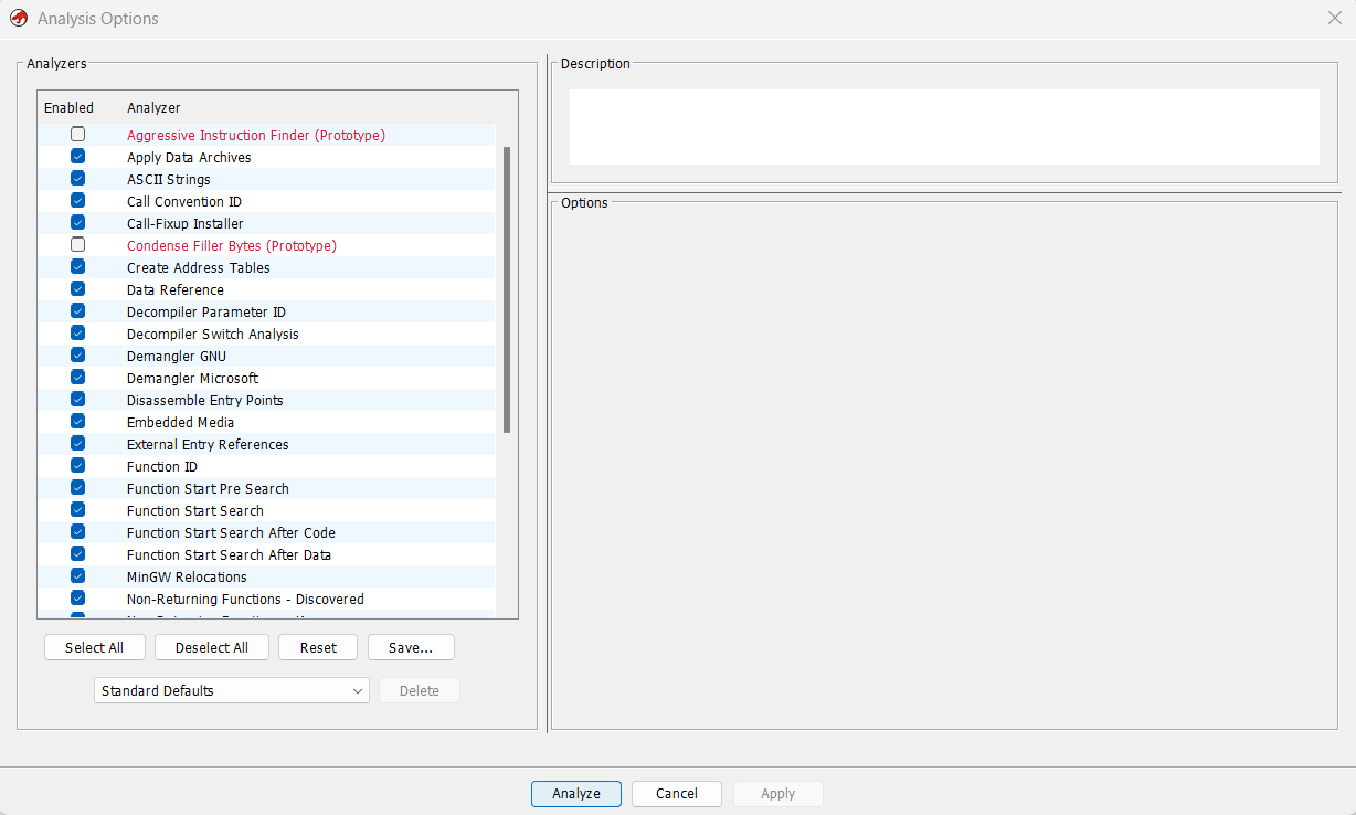 ตั้งค่า analysis options ใน Ghidra